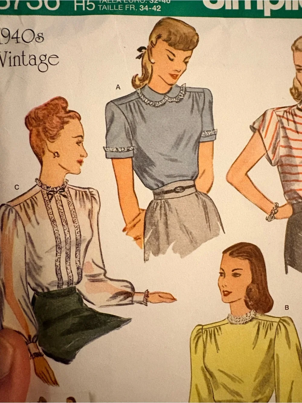 BN UNCUT SIMPLICITY 8736 H5 BLOUSES 1940's VINTAGE SEWING PATTERNS